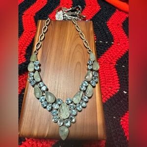 Vintage blue topaz and carved leaf aquamarine bib necklace
